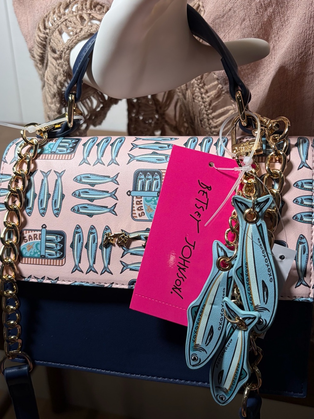 Betsey Johnson SARDINE BAG Pink & Navy Fish-Print Crossbody Satchel - Picture 5 of 15